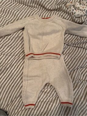 MORI Cream Knit Baby Sweater & Pants Set with Orange Trim